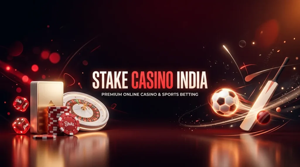 Promotional banner titled "STAKE CASINO INDIA - PREMIUM ONLINE CASINO & SPORTS BETTING" featuring a white roulette wheel, stacks of red Stake chips, glowing red dice, a flaming soccer ball, and a cricket bat.