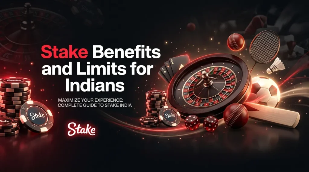 Marketing graphic titled "Stake Benefits and Limits for Indians" displaying a dark roulette wheel, stacks of black Stake casino chips, red dice, a soccer ball, a cricket ball, and a badminton racket with a shuttlecock.
